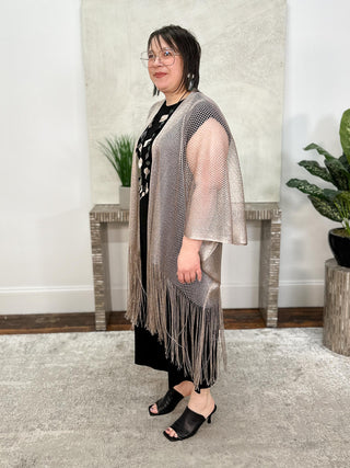 Joseph Ribkoff Woven Open Stitch Draped Cover-Up With Fringe, Moonstone - Statement Boutique