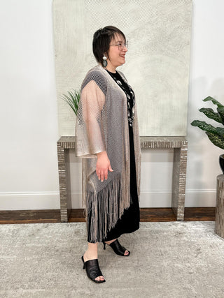 Joseph Ribkoff Woven Open Stitch Draped Cover-Up With Fringe, Moonstone - Statement Boutique