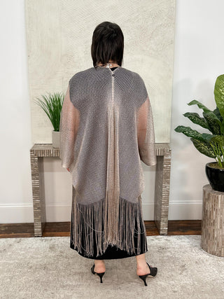Joseph Ribkoff Woven Open Stitch Draped Cover-Up With Fringe, Moonstone - Statement Boutique