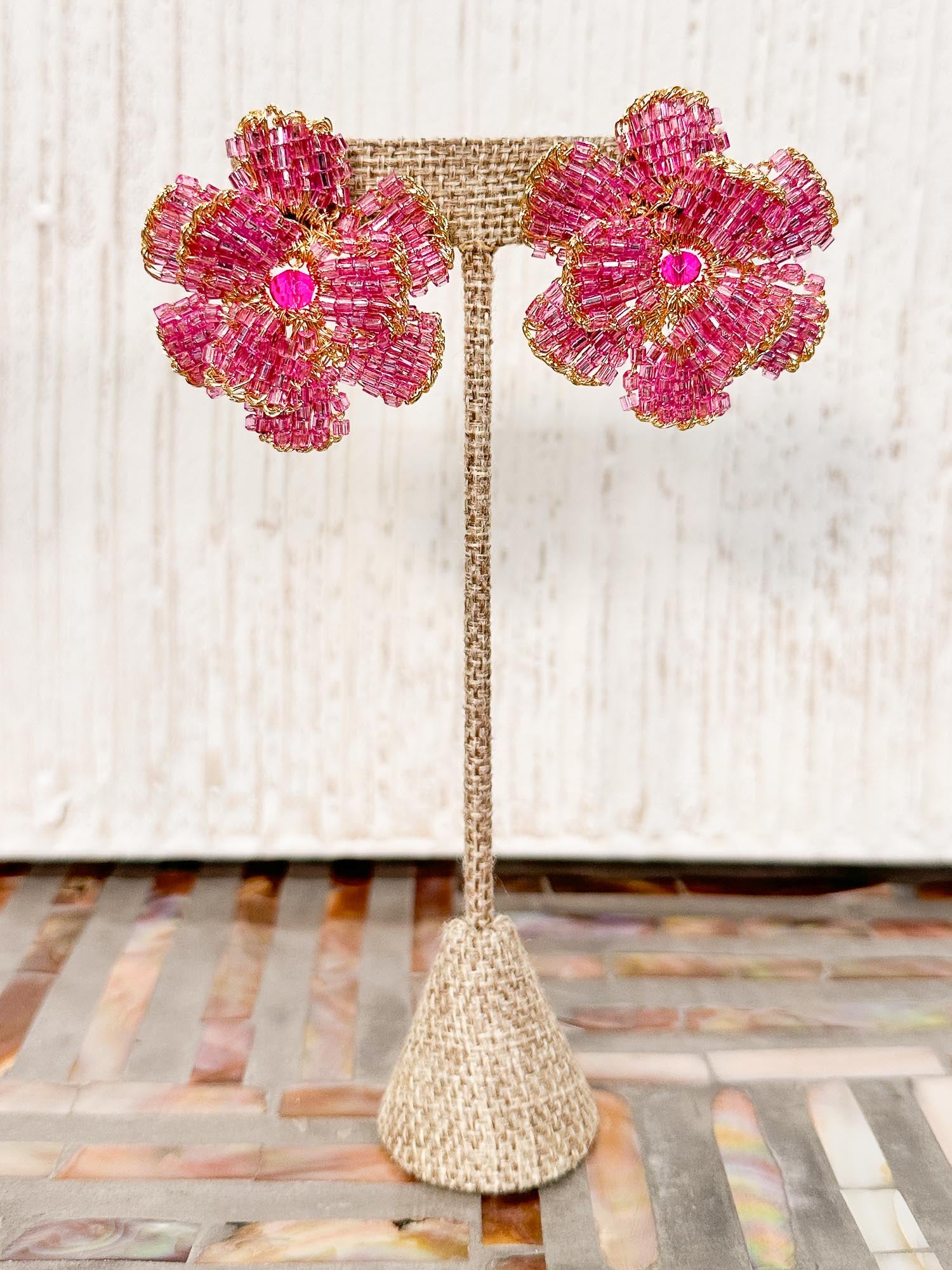 Rose Flower Post Earrings, Gold Pink