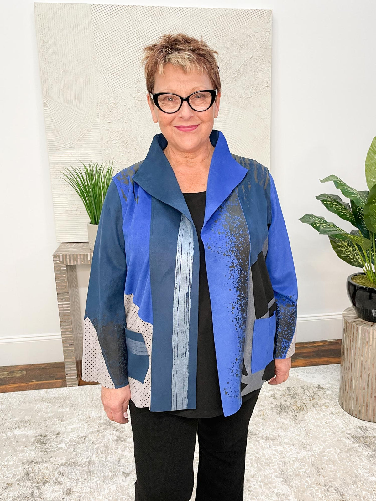 Lemon Grass Hand-Printed Open Front Jacket, Blue - Statement Boutique