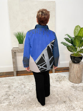 Lemon Grass Hand-Printed Open Front Jacket, Blue - Statement Boutique