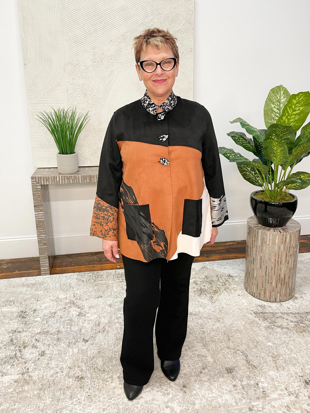 Lemon Grass Hand-Printed Stand Up Collar Button Jacket, Black - Statement Boutique