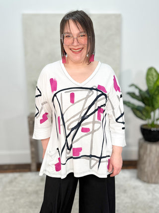 darby. Tess Scribble V-Neck Top, Fuchsia - Statement Boutique