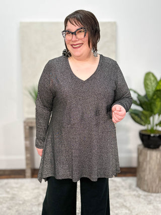 Mat Lurex Asymmetric V-Neck Sweater Tunic, Black/Silver - Statement Boutique