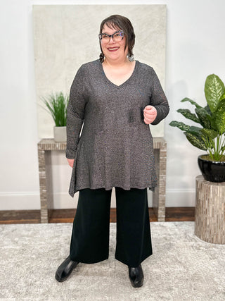 Mat Lurex Asymmetric V-Neck Sweater Tunic, Black/Silver - Statement Boutique