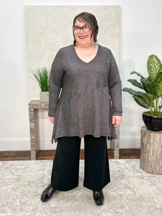 Mat Lurex Asymmetric V-Neck Sweater Tunic, Black/Silver - Statement Boutique