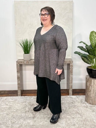 Mat Lurex Asymmetric V-Neck Sweater Tunic, Black/Silver - Statement Boutique