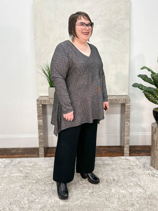 Mat Lurex Asymmetric V-Neck Sweater Tunic, Black/Silver - Statement Boutique