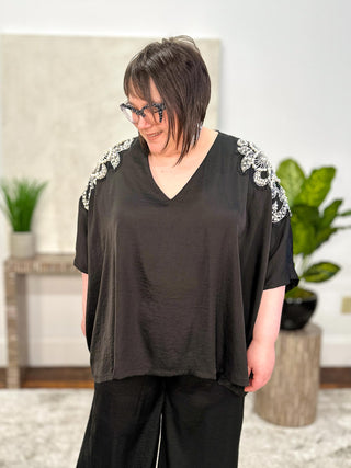 Mat Jeweled V-Neck Top, Black - Statement Boutique