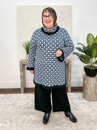 Mat Lurex Patterned Turtleneck Tunic Sweater, Sapphire - Statement Boutique