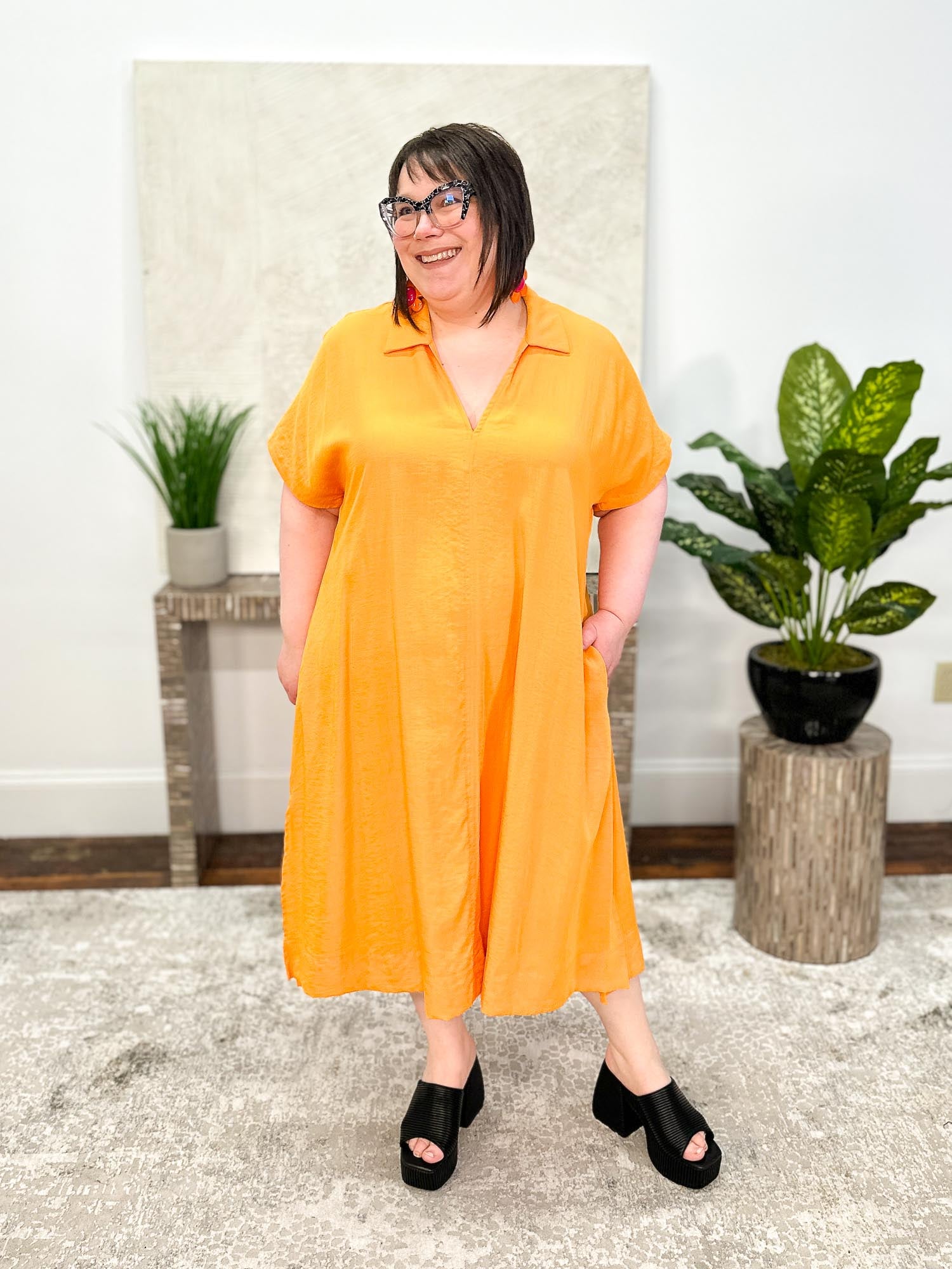 Mat Notch Collar Dress, Orange - Statement Boutique