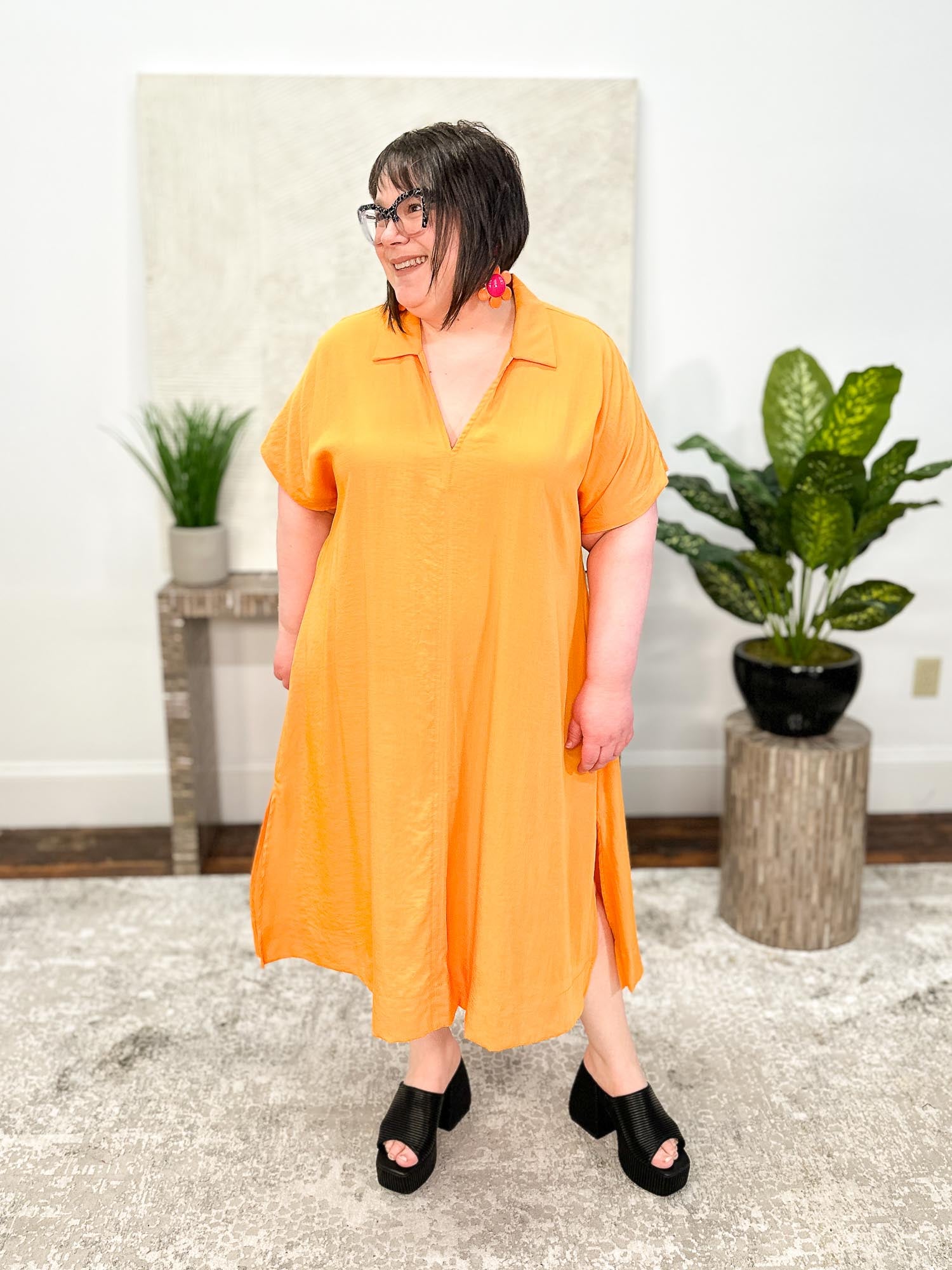 Mat Notch Collar Dress, Orange - Statement Boutique
