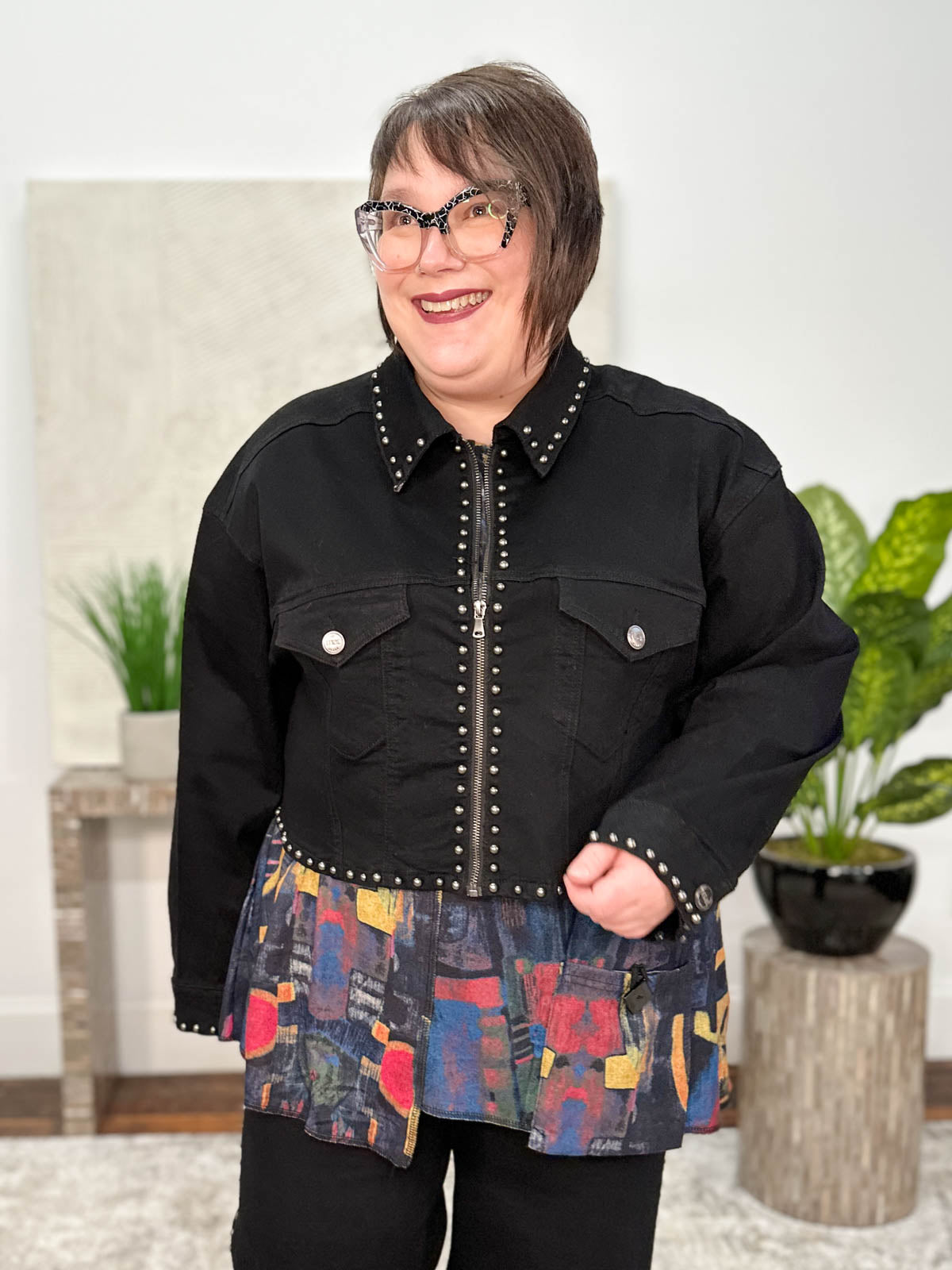 Oversized black cropped denim jacket sales