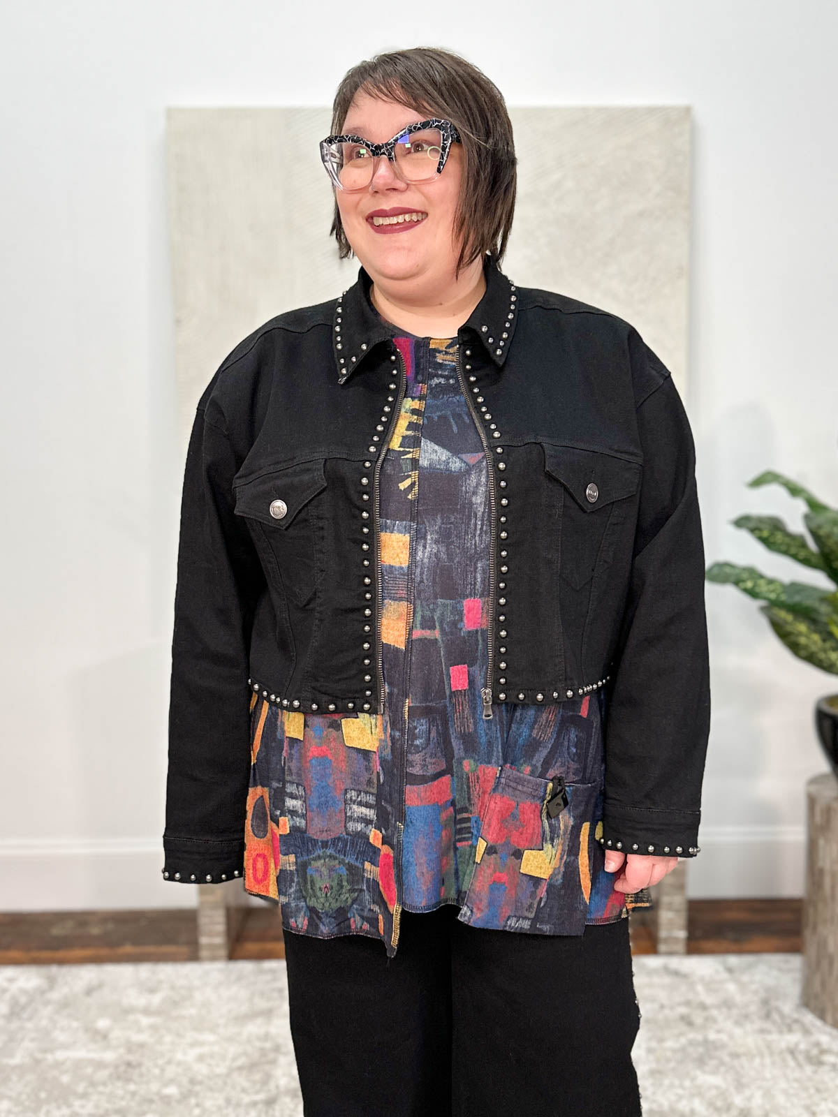 Oversized cropped black denim jacket top
