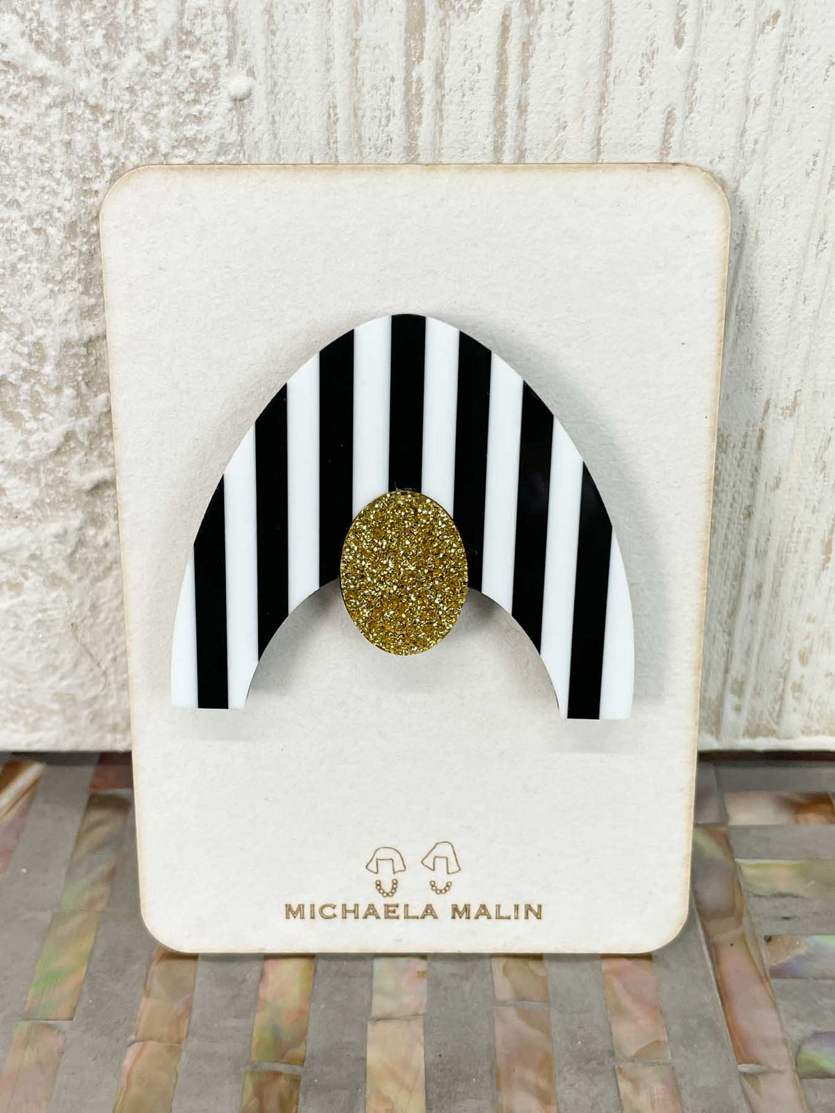 Michaela Malin Swimmer Magnet Brooch, Black/White Stripes &amp; Gold - Statement Boutique