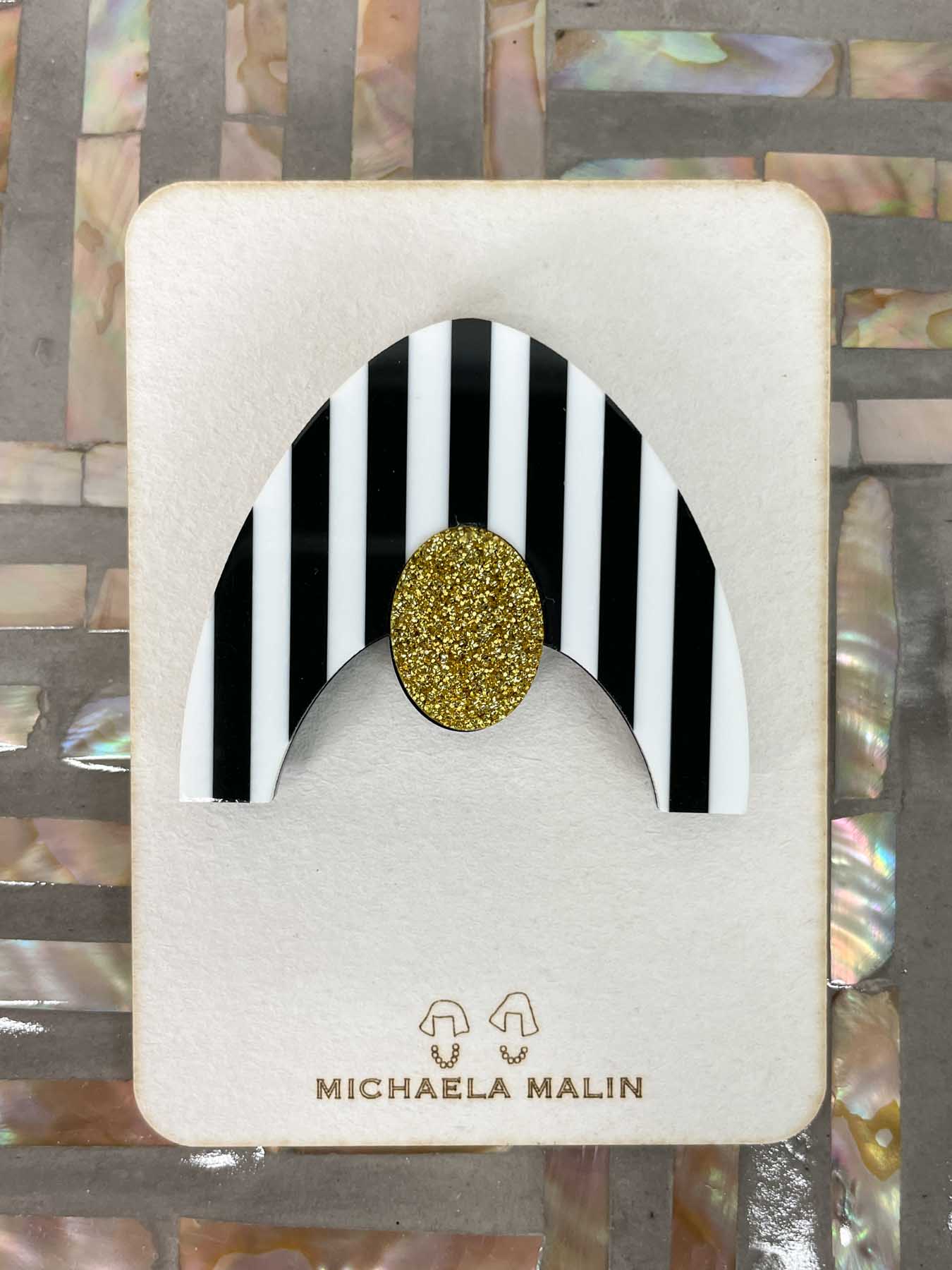 Michaela Malin Swimmer Magnet Brooch, Black/White Stripes & Gold - Statement Boutique