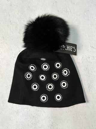 Crystal Circles Fur Pom Pom Beanie Hat, Black