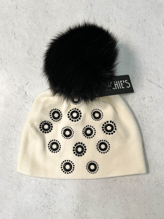 Mitchie's Matchings Crystal Circles Fur Pom Pom Beanie Hat, White - Statement Boutique