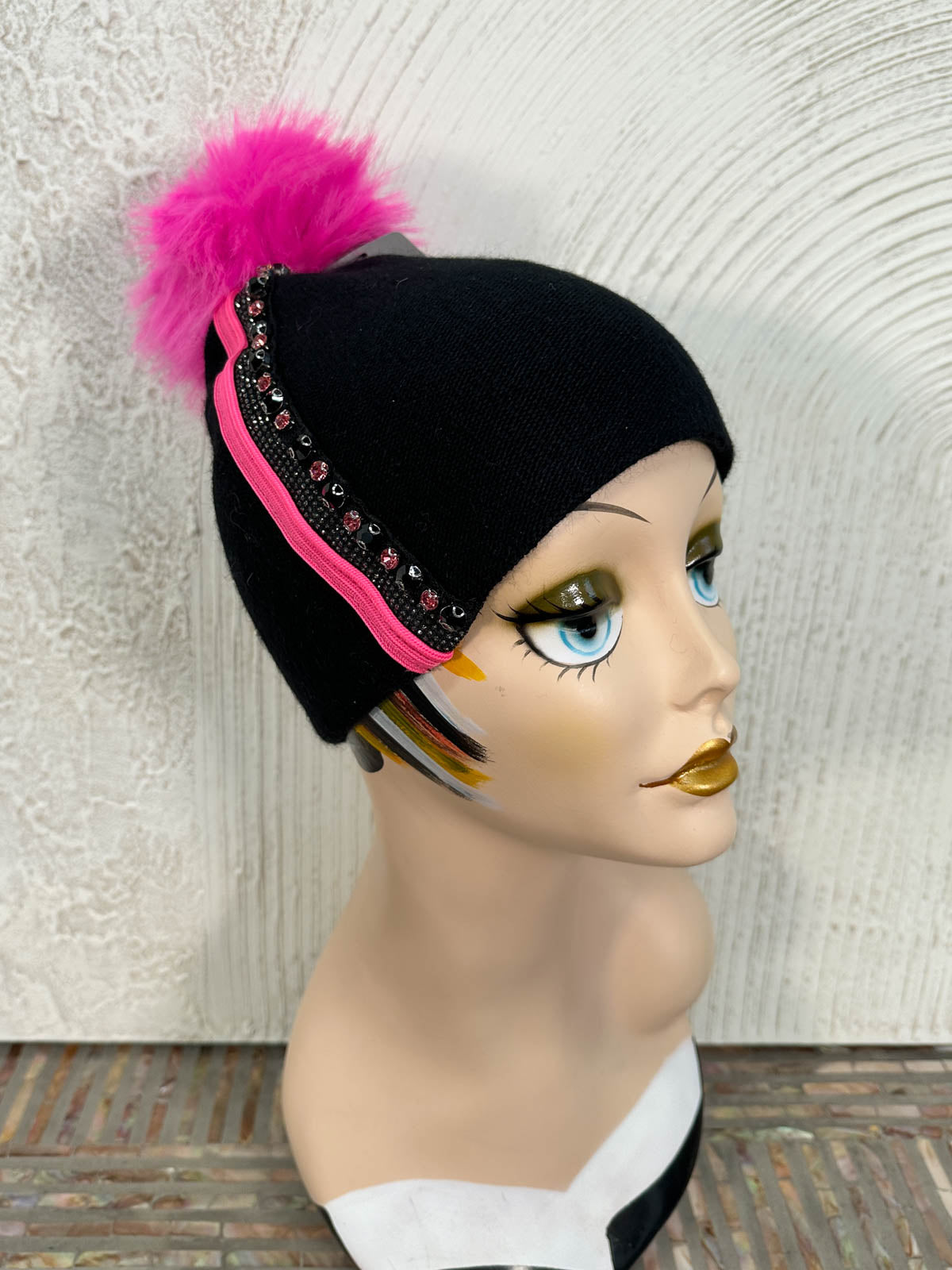 Mitchie s Matchings Crystals Stripe Fur Pom Pom Beanie Hat Black Hot Pink Statement Boutique