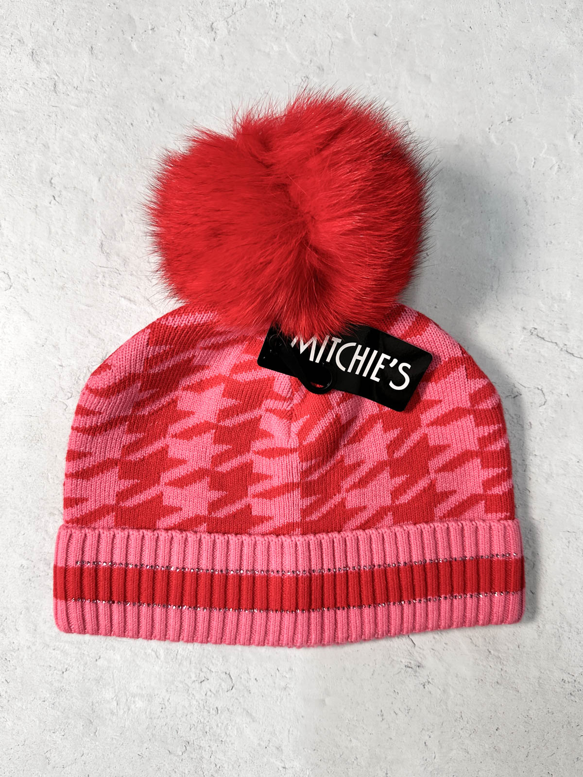 Mitchie's Matchings Houndstooth Fur Pom Pom Beanie Hat, Red/Pink