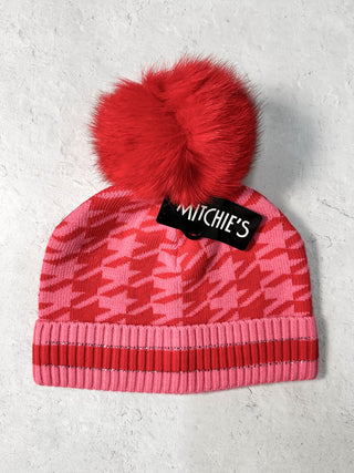 Mitchie's Matchings Houndstooth Fur Pom Pom Beanie Hat, Red/Pink - Statement Boutique