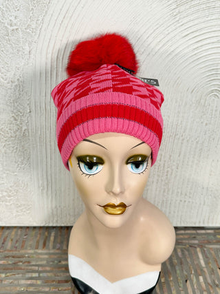 Mitchie's Matchings Houndstooth Fur Pom Pom Beanie Hat, Red/Pink - Statement Boutique