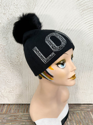 Mitchie's Matchings LOVE Crystal Fur Pom Pom Beanie Hat, Black - Statement Boutique
