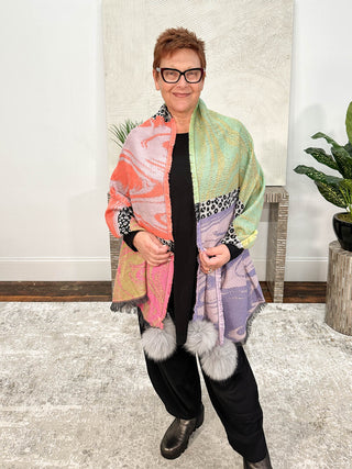 Mitchie's Matchings Mixed Pattern Shawl with Fur Pom Poms, Grey Multi - Statement Boutique