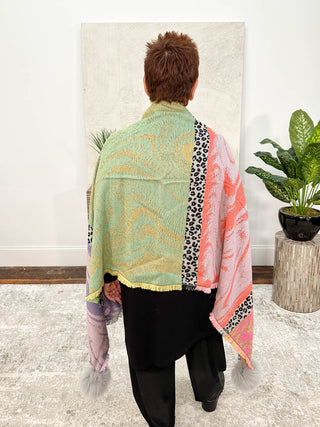 Mitchie's Matchings Mixed Pattern Shawl with Fur Pom Poms, Grey Multi - Statement Boutique