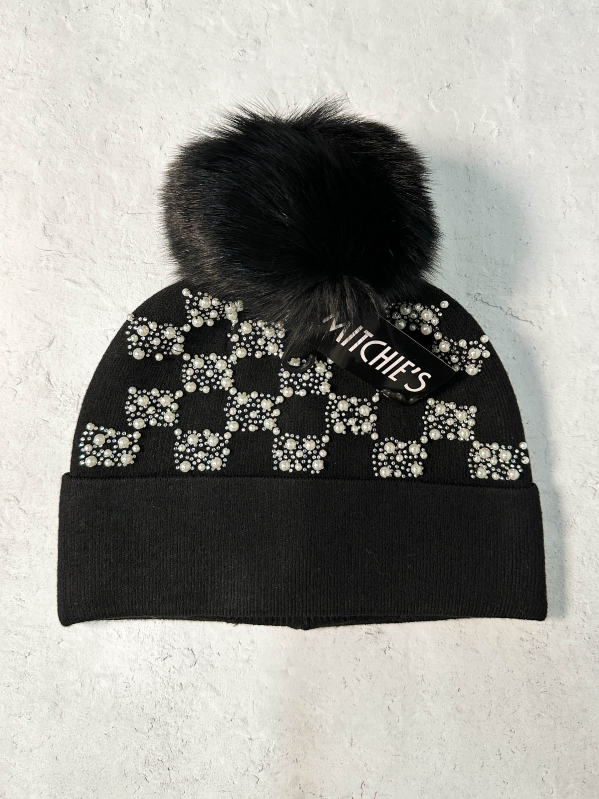 Black Carolyn Rowan Beanie w/Crystals and Faux Fur Pom Pom Mitchie main image 2