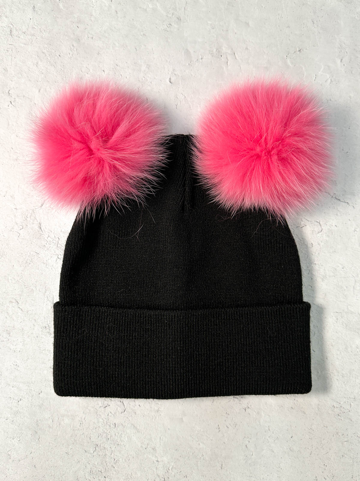 Mitchie s Matchings Rib Knit Double Fur Pom Pom Beanie Hat Black Pink Statement Boutique