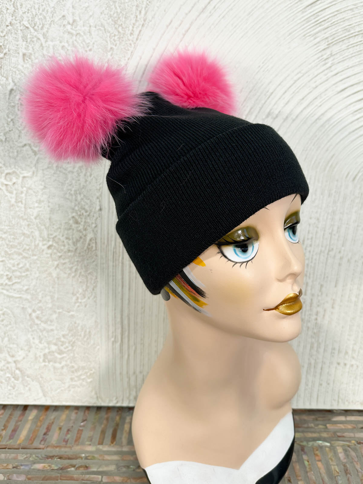 New Custom Designed Black Cashmere Blend Pom Beanie w/ Pink Crystal Beaded Heart Personalized Cashmere Pom Pom Beanie: Hand Embroidered  main image 2