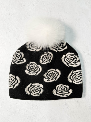 Mitchie's Matchings Rose Pattern Studded Fur Pom Pom Beanie Hat, Black - Statement Boutique