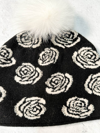 Mitchie's Matchings Rose Pattern Studded Fur Pom Pom Beanie Hat, Black - Statement Boutique