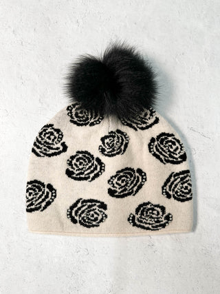 Mitchie's Matchings Rose Pattern Studded Fur Pom Pom Beanie Hat, Ivory - Statement Boutique