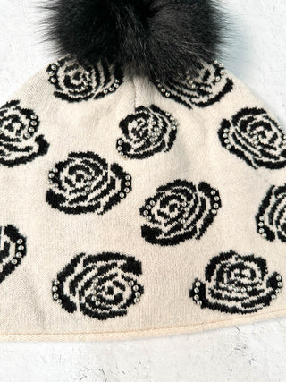 Mitchie's Matchings Rose Pattern Studded Fur Pom Pom Beanie Hat, Ivory - Statement Boutique