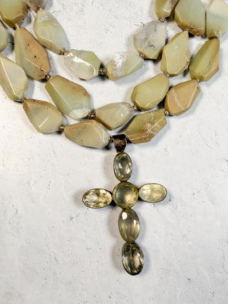 3 Strand Green Opal Necklace with Cross Pendant