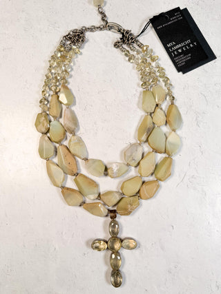 3 Strand Green Opal Necklace with Cross Pendant