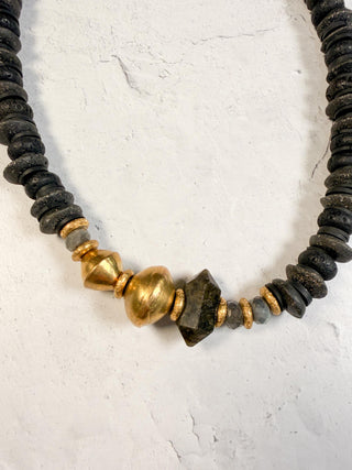 Black Bead Necklace with Gold Accent