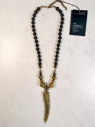 Black Bead Necklace with Gold Tusk Pendant