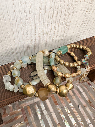 Brass, Gold, Vinyl & Seafoam Beaded Bracelet Set