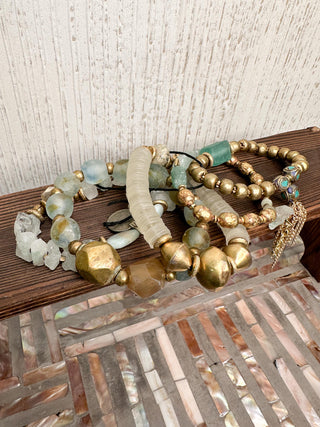 Brass, Gold, Vinyl & Seafoam Beaded Bracelet Set
