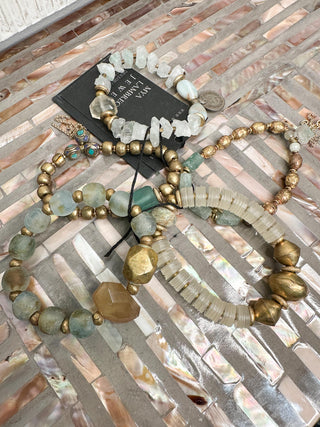 Brass, Gold, Vinyl & Seafoam Beaded Bracelet Set