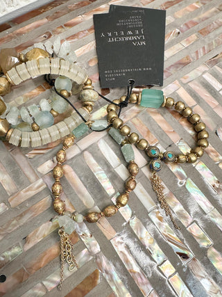Brass, Gold, Vinyl & Seafoam Beaded Bracelet Set