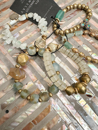 Brass, Gold, Vinyl & Seafoam Beaded Bracelet Set