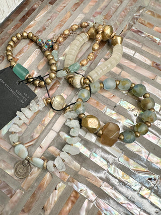 Brass, Gold, Vinyl & Seafoam Beaded Bracelet Set