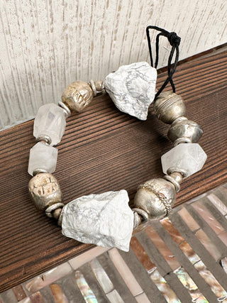 Large White Stone & Silver Beaded Statement Bracelet