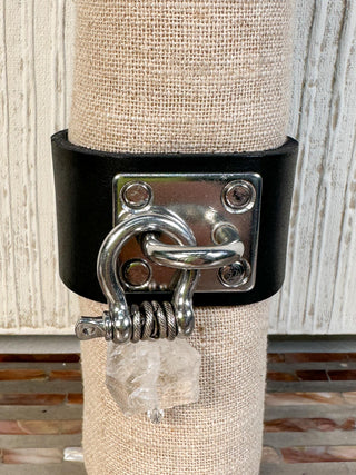 Large Leather Cuff Bracelet with Crystal Drop