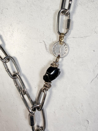 Long Stainless Link Necklace with Obsidian Pendant